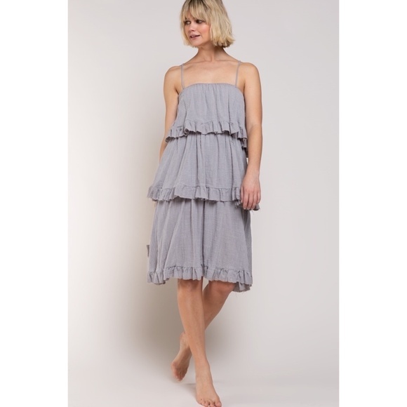 POL Dresses & Skirts - POL Grey Spaghetti Strap Ruffle Tiered Linen Dress